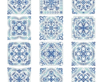 Delft Blue-twelve   embroidered quilt blocks