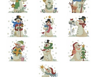 Machine embroidered quilt blocks--Winter Snowman-set of 10