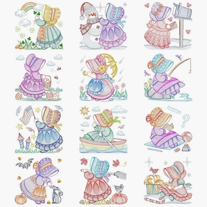 Embroidered  quilt blocks--Sunbonnet Sue set of 12