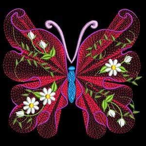 May include: Embroidered design of a red butterfly with white flowers and green leaves. The butterfly has a blue and white body and pink antennae.