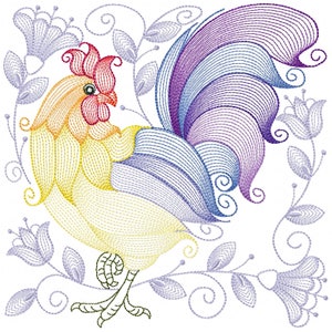 May include: A colorful embroidered design of a rooster with a purple, blue, and yellow tail feathers. The rooster is surrounded by stylized flowers and leaves in shades of purple and blue.
