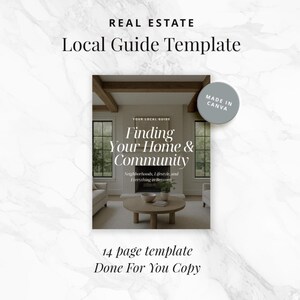 May include: A real estate Local Guide Template with the text "Finding Your Home & Community". The template includes a 14-page layout and is labeled "Done For You Copy". The design features a living room scene and a "Made in Canva" badge.