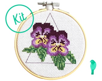 Purple Pansy Flowers Cross Stitch Kit