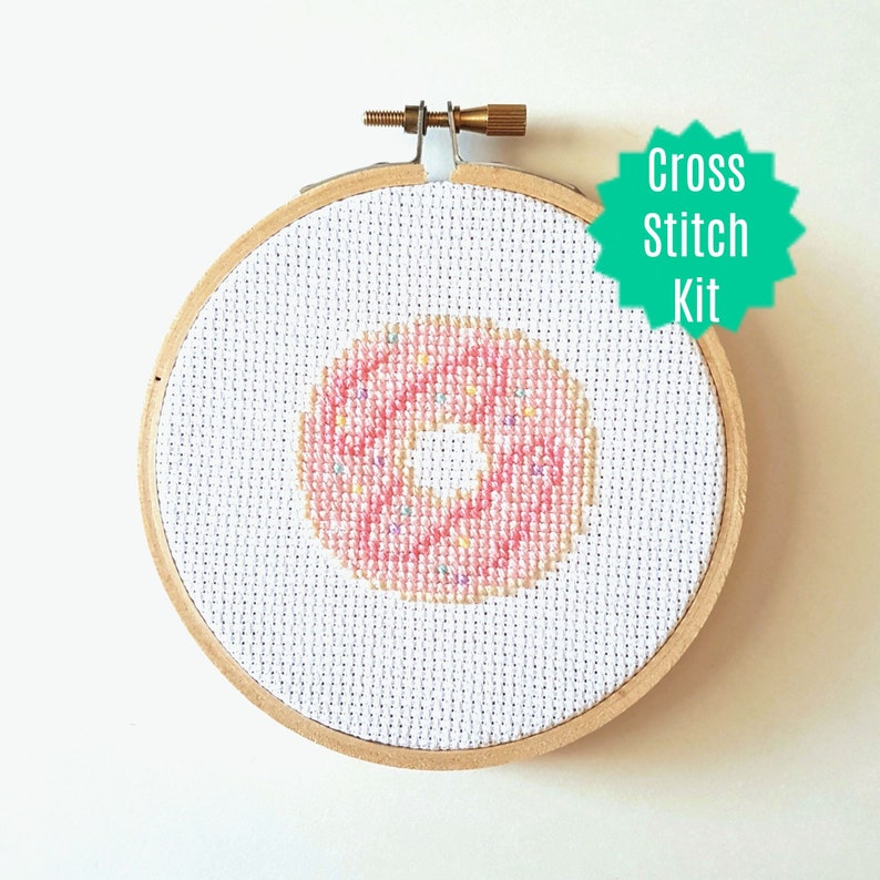 Doughnut Counted Cross Stitch Kit Great Gift Idea Donut Modern Embroidery Easy Relaxing Activity Craft Pattern for Children /& Beginners