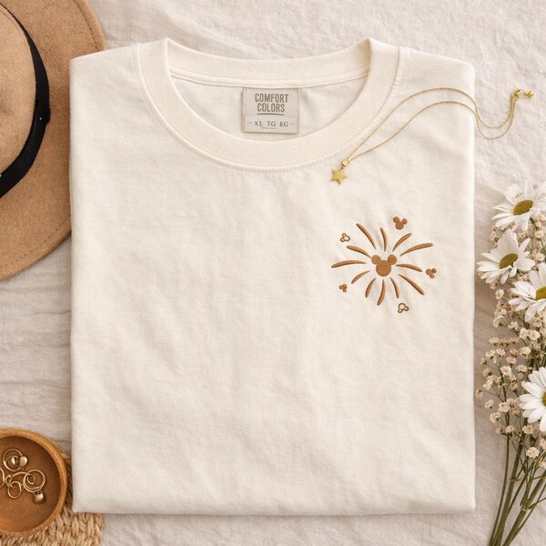 Embroidered Disney Fireworks Pocket Tee, Comfort Colors Magical Shirt Gift, Disney Trip Crew, Family Vacation Embroidery Tee