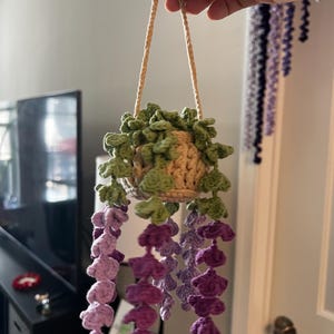 Peut inclure: Une plante suspendue au crochet faite &agrave; la main, avec un pot beige, des feuilles vertes et des fleurs violettes et roses en cascade. La plante est suspendue par une corde beige. Le travail artisanal est d&eacute;taill&eacute; et les couleurs sont vives.