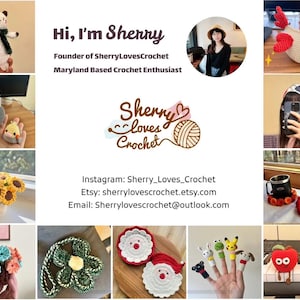 Peut inclure: Un collage d'objets crochet&eacute;s faits &agrave; la main, dont un ours, une poule, un bouquet de fleurs et des marionnettes &agrave; doigts. Le texte "Hi, I'm Sherry" et "Sherry Loves Crochet" sont &eacute;galement visibles, ainsi que les coordonn&eacute;es de la boutique Etsy.