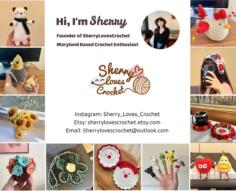 Peut inclure: Un collage d'objets crochet&eacute;s faits &agrave; la main, dont un ours, une poule, un bouquet de fleurs et des marionnettes &agrave; doigts. Le texte "Hi, I'm Sherry" et "Sherry Loves Crochet" sont &eacute;galement visibles, ainsi que les coordonn&eacute;es de la boutique Etsy.