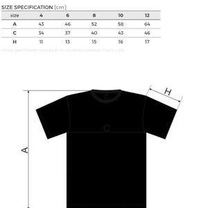 May include: Black children's t-shirt with size specifications in centimeters. The size chart includes measurements for A, C, and H, with sizes ranging from 4 to 12. The text "Children Sizes" is at the top.