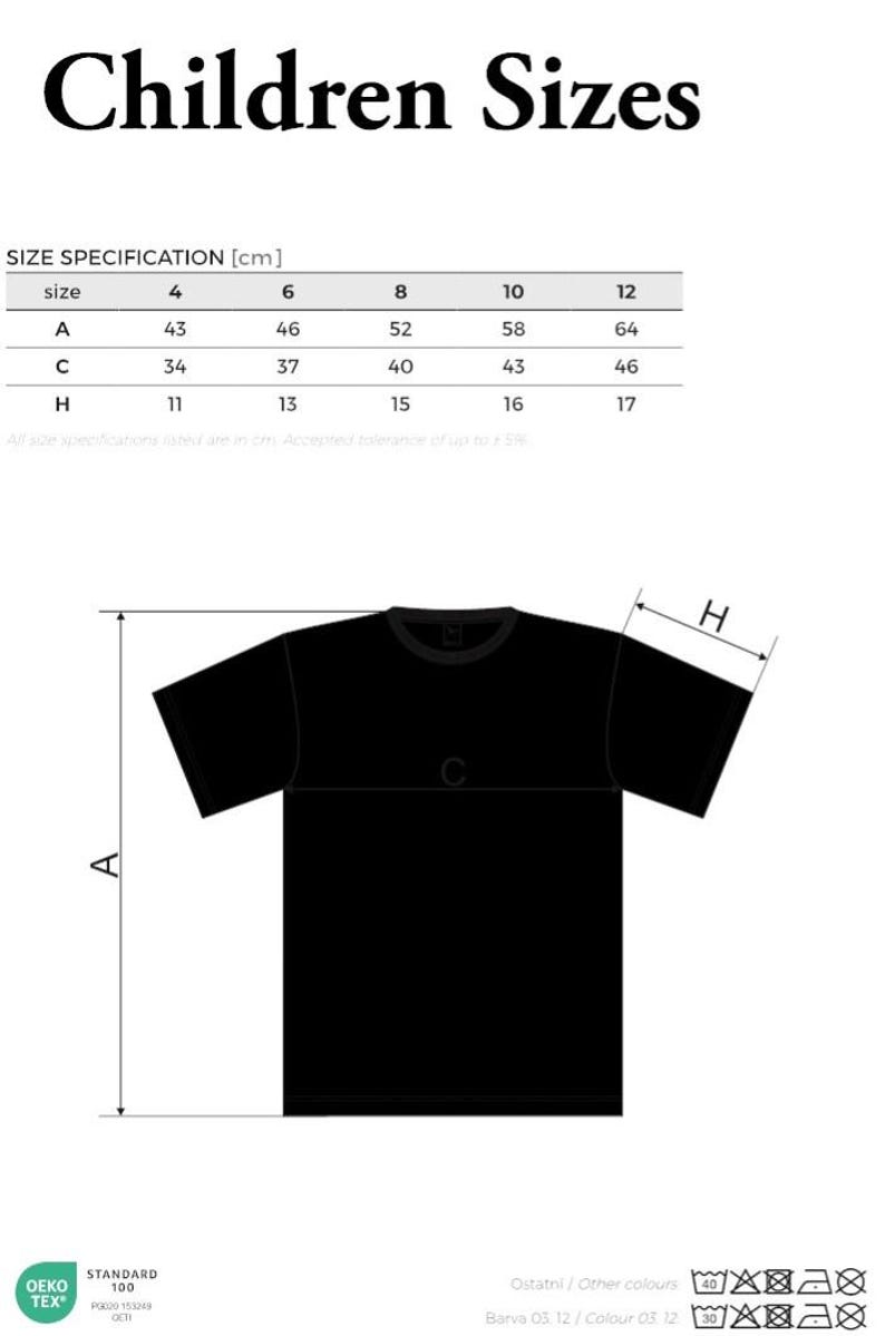 May include: Black children's t-shirt with size specifications in centimeters. The size chart includes measurements for A, C, and H, with sizes ranging from 4 to 12. The text "Children Sizes" is at the top.