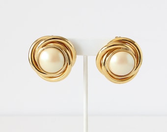 Vintage Oversize Gold Tone & Faux Pearl Clip On Statement Earrings