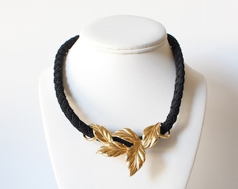 Vintage Black Braided Cord & Gold Leaves Necklace