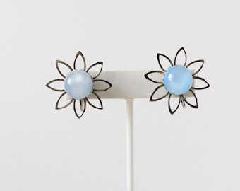 Vintage Blue Acrylic & Silver Tone Flower Earrings