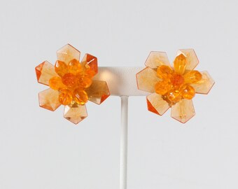 Vintage 1960s Orange Translucent Acrylic Flower Earrings