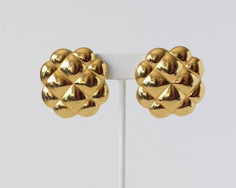 Vintage Oversize Gold Tone Quilted Look Earrings