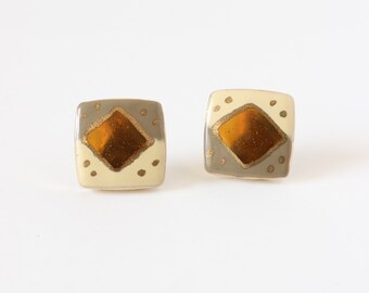 Vintage Grey & Cream Enamel Small Square Earrings