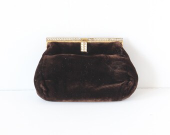 Vintage Brown Velvet and Rhinestone Pouch Belt Bag