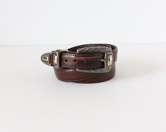 Vintage 1990s Dark Brown Leather Belt with Mixed Metal Buckle