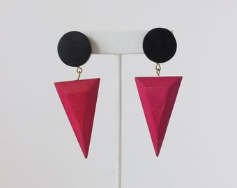 Vintage 1980s Pink & Black Wood Dangle Earrings