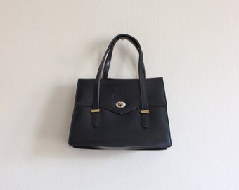 Vintage Black Faux Leather Double Handle Handbag