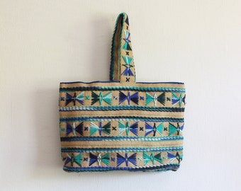 Vintage Green & Blue Embroidered Burlap Tote Bag