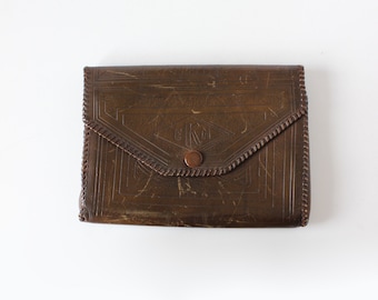 Vintage 'EKM' Monogram Distressed Tooled Leather Clutch