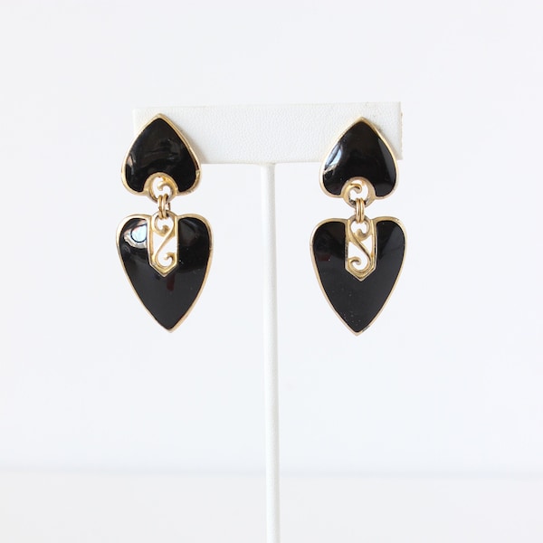 Vintage Edgar Berebi Gold Tone & Black Enamel Drop Earrings