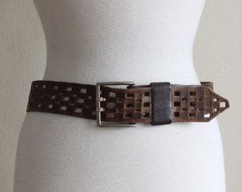 Vintage Checkerboard Cutout Brown Leather Wide Belt