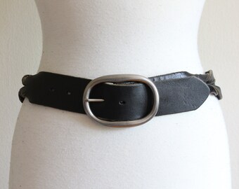 Vintage Black Leather Belt with Silver Tone Oval Buckle