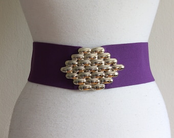 Vintage 1980s Purple Stretchy Belt with Oversize Gold Tone Buckle