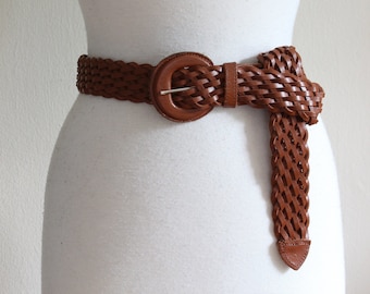 Vintage Rusty Brown Leather Woven Belt with Leather Buckle