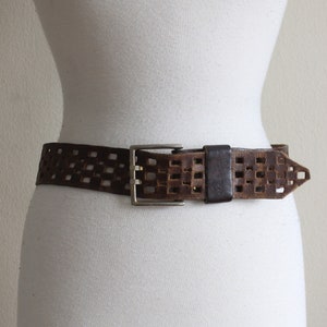 Vintage Checkerboard Cutout Brown Leather Wide Belt image 1
