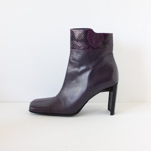 Vintage Purple Leather High Heel Square Toe Ankle Boots, size 6.5M