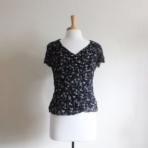 Vintage Black Floral Print Crepe Chiffon Flutter Sleeve Top