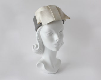 Vintage Hudson's Salon Grey and Ivory Bow Pillbox Hat