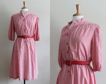 Vintage 1970s Red & White Stripe Belted Shirtdress