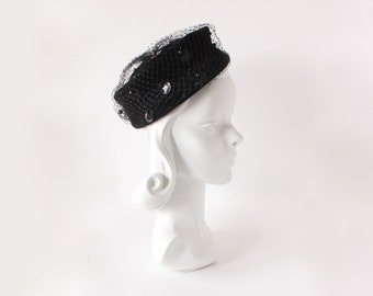 Vintage Rex Jr Black Velour Pillbox Hat with Netting & Paillettes