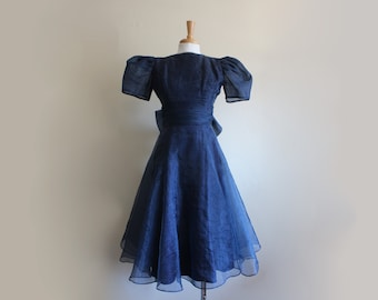 Vintage Rhinestone Trim Navy Blue Sheer Organza Party Dress with Puff Sleeves
