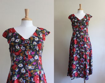 Vintage Navy Blue & Red Floral Button Front Midi Dress