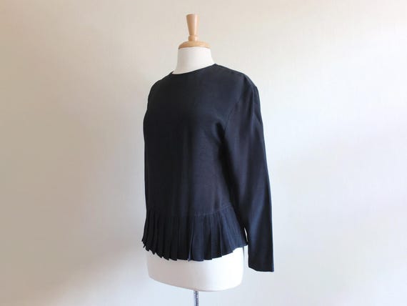 Vintage 1980s Ann Taylor Black Long Sleeve Top with Pleated Peplum