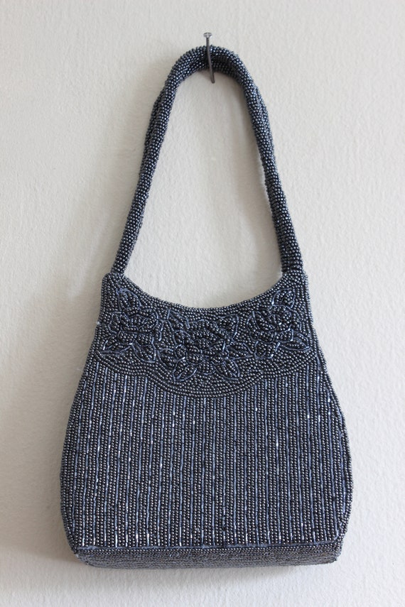 Vintage Gunmetal Grey Beaded Double Handle Bag - image 6