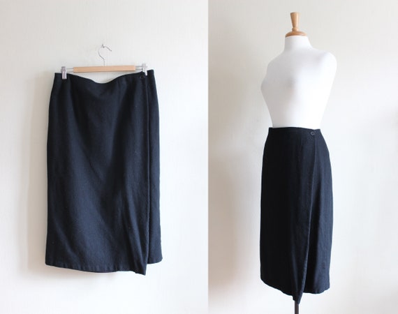 Vintage 1990s Minimalist Black Woolen Wrap Skirt