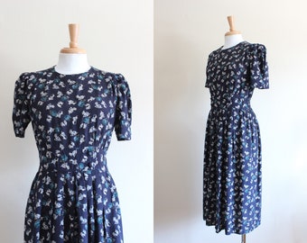 Vintage Short Sleeve Navy Blue Puppy Print Midi Dress