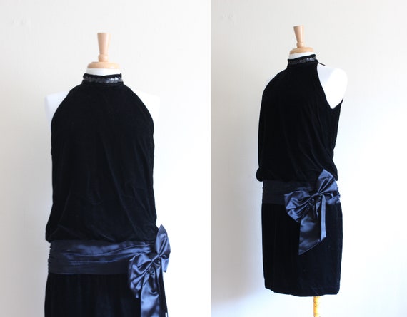 Vintage Gunne Sax Black Velvet & Satin Drop Waist