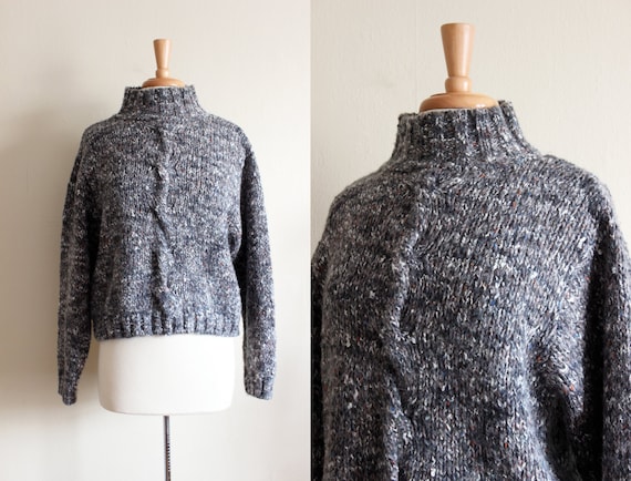 Vintage Grey Blue Heather Chunky Knit Cropped Swea