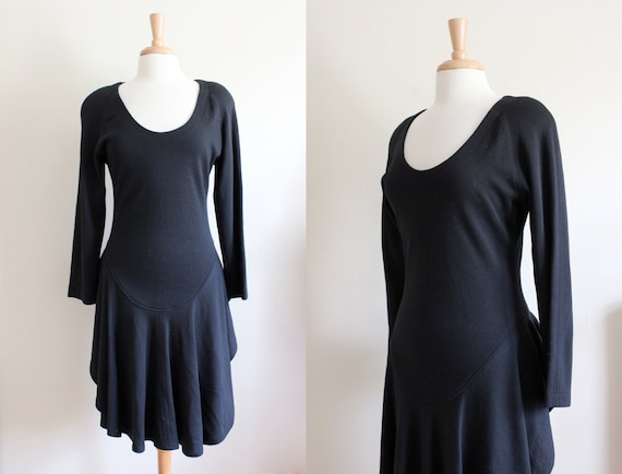 Vintage Long Sleeve Black Wool Knit Bustle Back D… - image 1