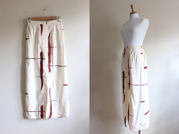 Vintage 1990s Cream & Rust Brushstroke Print Silk