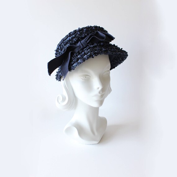 Vintage 1960s Navy Blue Woven Cello Straw Hat - image 3