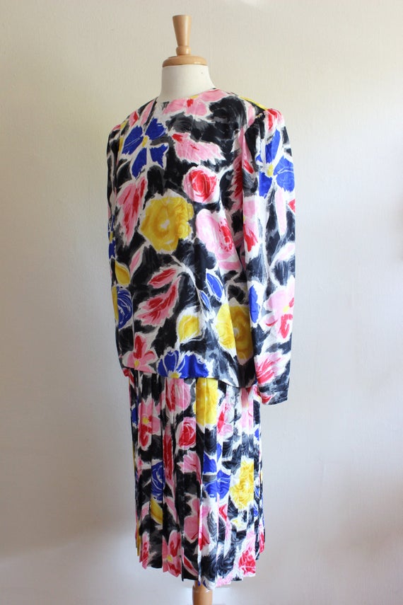 Vintage 1980s Argenti Multicolor Silk Drop Waist … - image 6