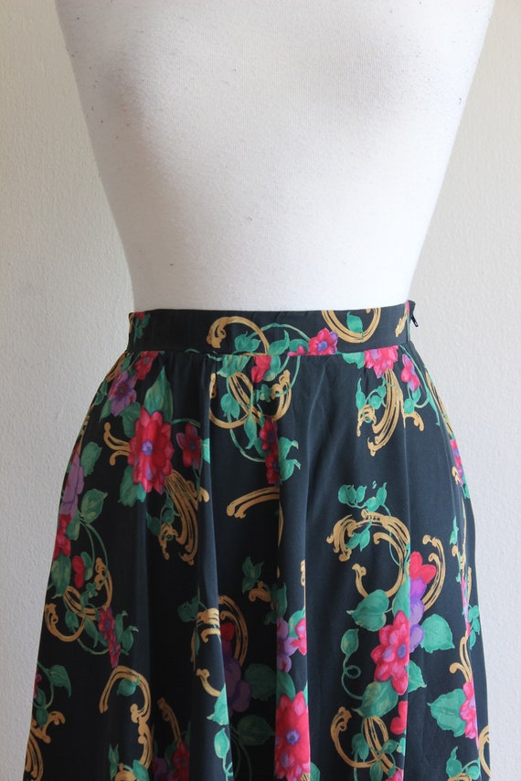 Vintage Black Floral 100% Silk Mini Skirt - image 4